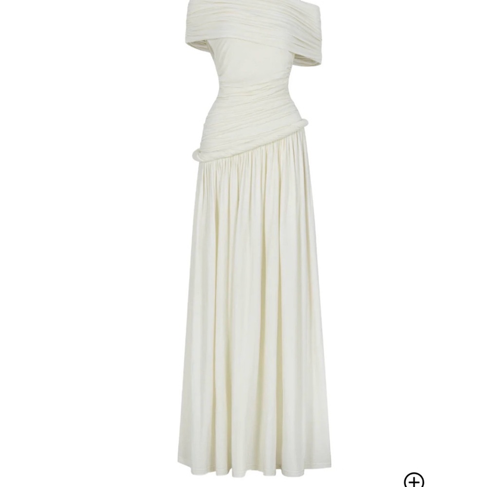Ivory Off-Shoulder Draped Maxi Dress